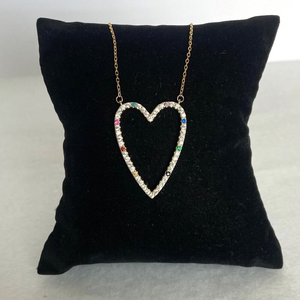 Gold Vermeil Sterling Silver 925 Open Heart Rainbow Pave Pendant Necklace 16-18" - Picture 4 of 16